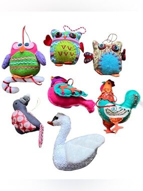 Bundle of Seven Colorful Quilted Soft Ornaments Birds Owl Swan Rooster Fabric